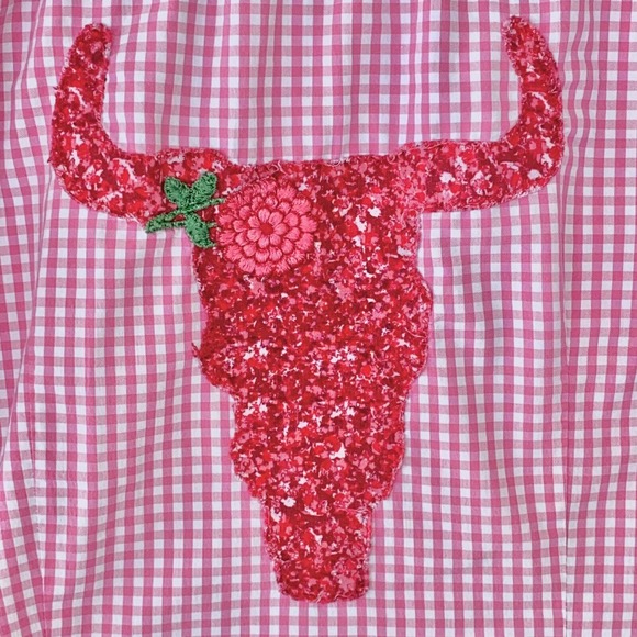 Coral Bay Button Up Shirt L Pink Floral Bull Skull Embroidered Western Cowgirl - Picture 4 of 15